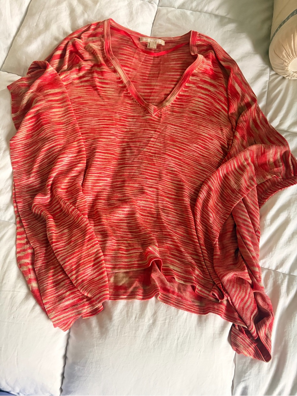 Michael Kors Coral and Beige Striped V-Neck Sweater
